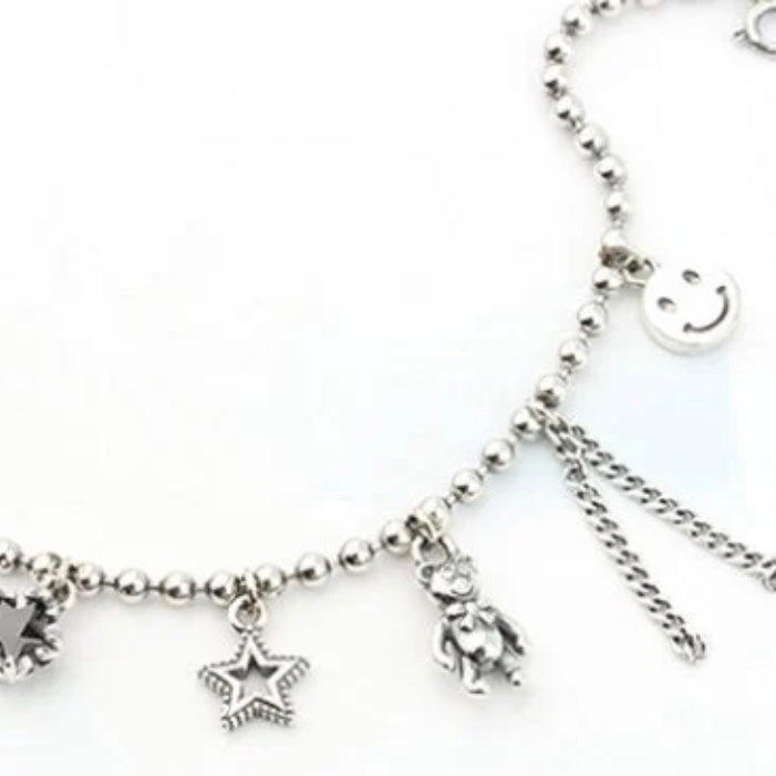 Lovely Handmade Bear Star Smiling Face Tassel Charms with Bead Chain Bracelet