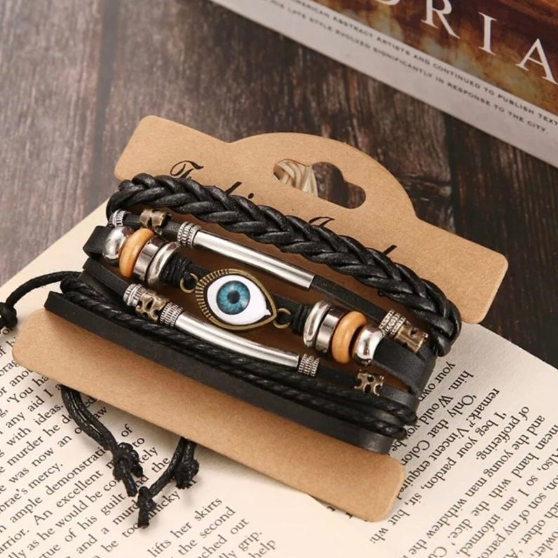 Multi-Layered Weave Braided Cuff Wrap Bohemian Leather Turkish Eye Bracelet