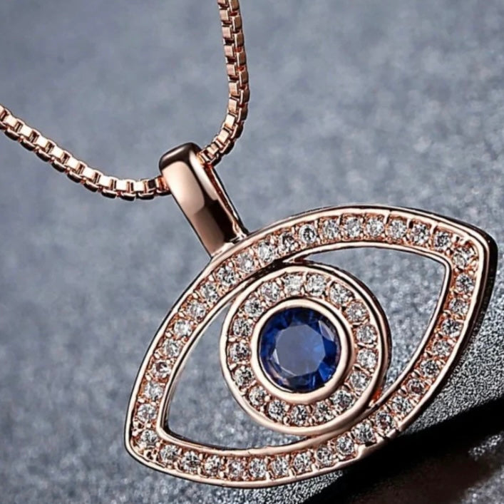 Blue Stone Lucky Cubic Zirconia Evil Eye Pendant Chain Necklace