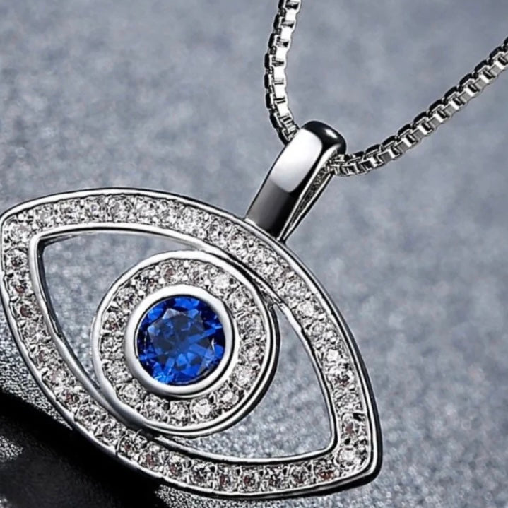 Blue Stone Lucky Cubic Zirconia Evil Eye Pendant Chain Necklace