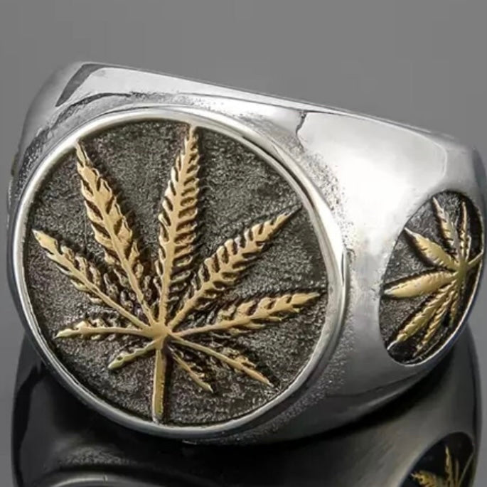 Hiphop Silver Stainless Steel Vintage Gold Leaf Ring