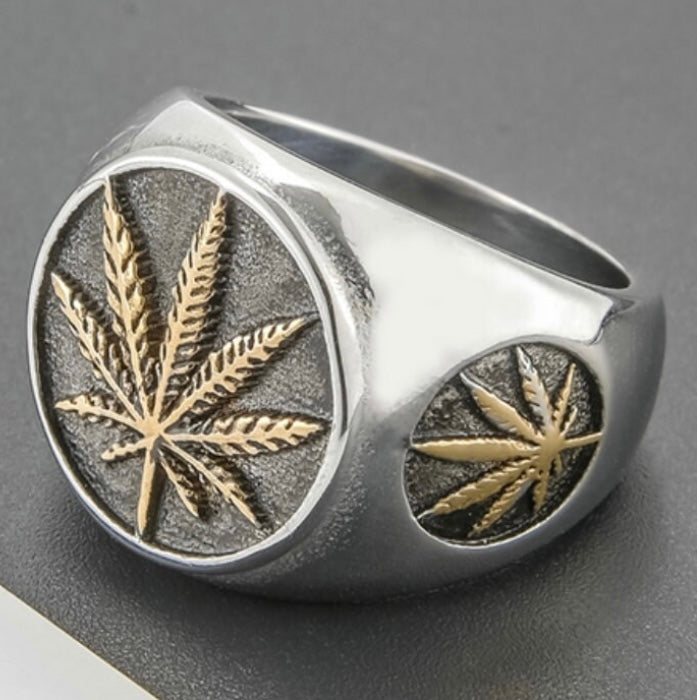 Hiphop Silver Stainless Steel Vintage Gold Leaf Ring