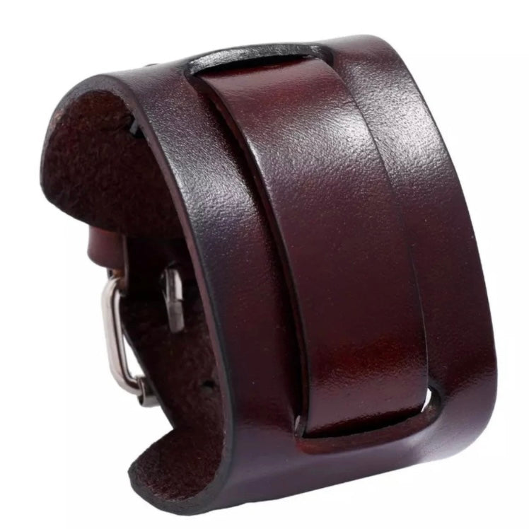 Wide Smooth Wrap Layer Leather Punk Bangle Watch Bracelet in Black or Brown Leather