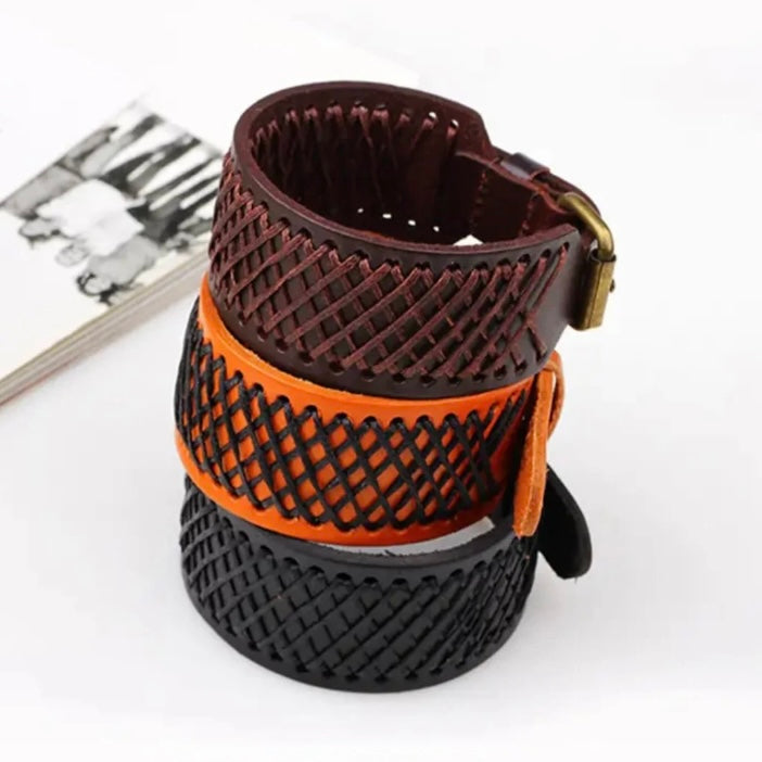 Leather Braided Punk Wide Cuff Bracelet Bangle Available in Black Brown & Orange