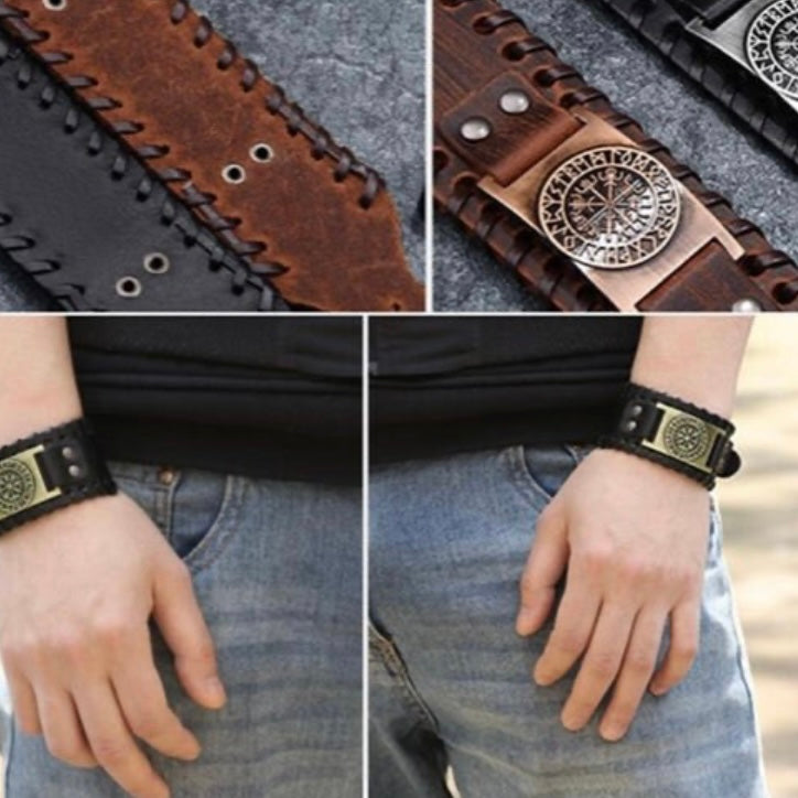 Black or Brown Leather Viking Wrap Bracelet Cuff with Compass Charm