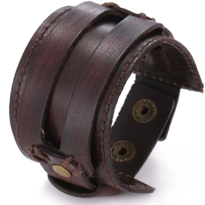 Unisex Punk Double Wide Cuff Leather Bracelet Available in Black & Brown Colours