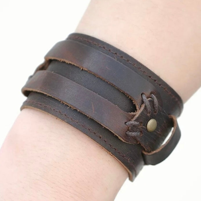 Unisex Punk Double Wide Cuff Leather Bracelet Available in Black & Brown Colours