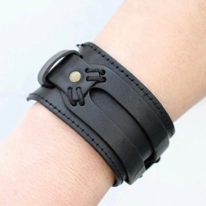 Unisex Punk Double Wide Cuff Leather Bracelet Available in Black & Brown Colours