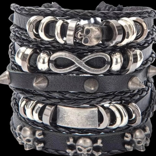 Vintage Black Leather Multilayer Bracelet with Skull Infinity Spike Charm Wristband Cuff