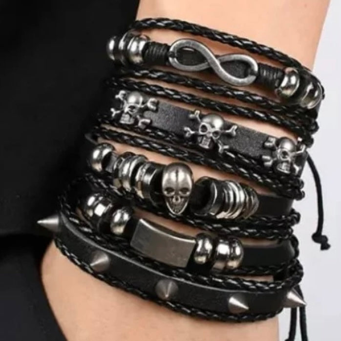 Vintage Black Leather Multilayer Bracelet with Skull Infinity Spike Charm Wristband Cuff