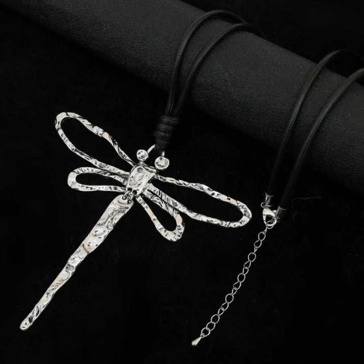 Silver Colour Dragonfly with Moveable Tail Pendant on a Long Black Rope Necklace