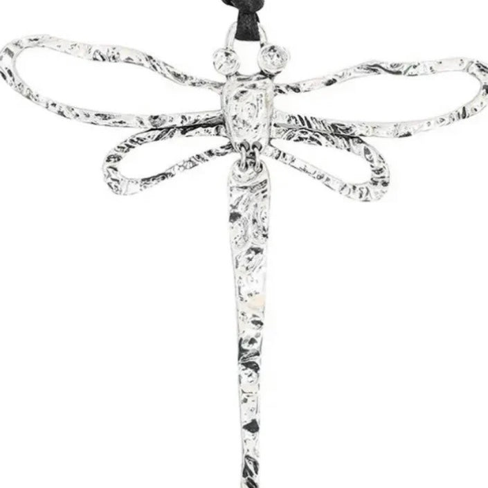 Silver Colour Dragonfly with Moveable Tail Pendant on a Long Black Rope Necklace