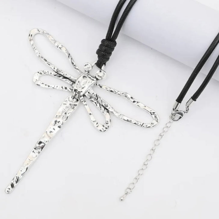 Silver Colour Dragonfly with Moveable Tail Pendant on a Long Black Rope Necklace