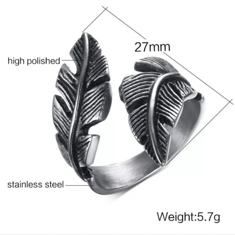 Vintage Biker Style Hand Polished Stainless Steel Feather Ring