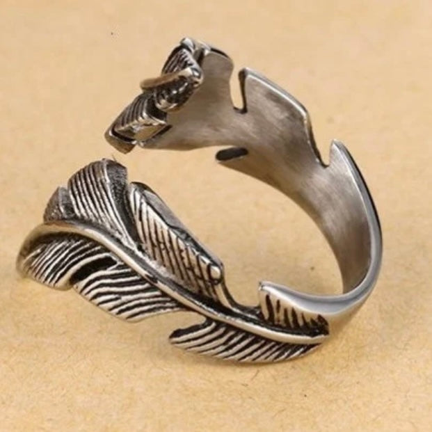 Vintage Biker Style Hand Polished Stainless Steel Feather Ring