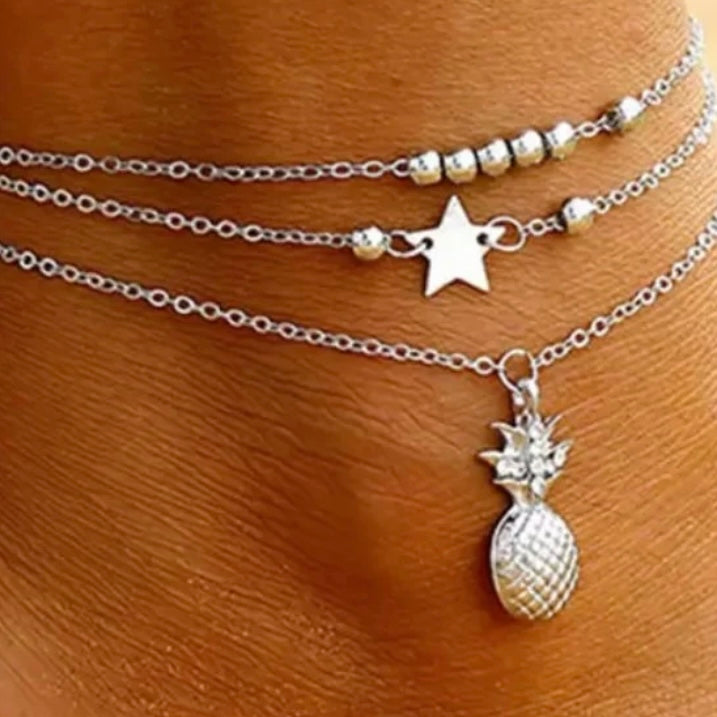 Layered Anklet Chain with Pineapple Star Beads in Gold or Silver Colour