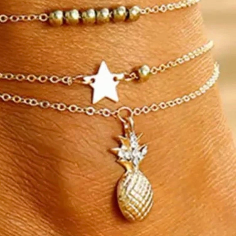 Layered Anklet Chain with Pineapple Star Beads in Gold or Silver Colour