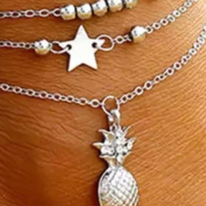 Layered Anklet Chain with Pineapple Star Beads in Gold or Silver Colour