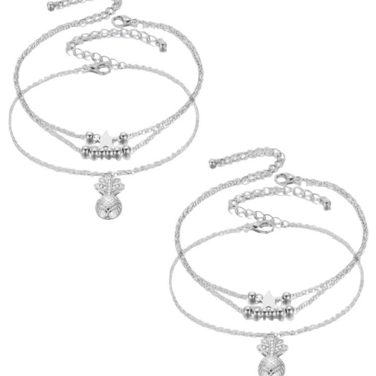 Layered Anklet Chain with Pineapple Star Beads in Gold or Silver Colour