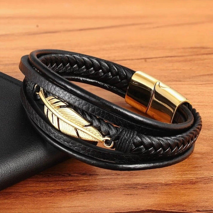 Multi-Layer Black Leather Feather Shape Charm Bracelet Wristband