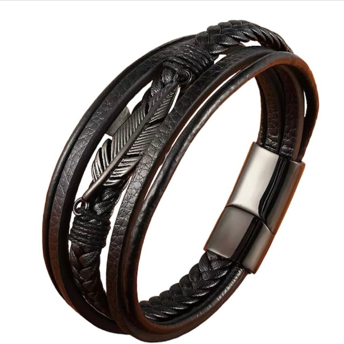 Multi-Layer Black Leather Feather Shape Charm Bracelet Wristband