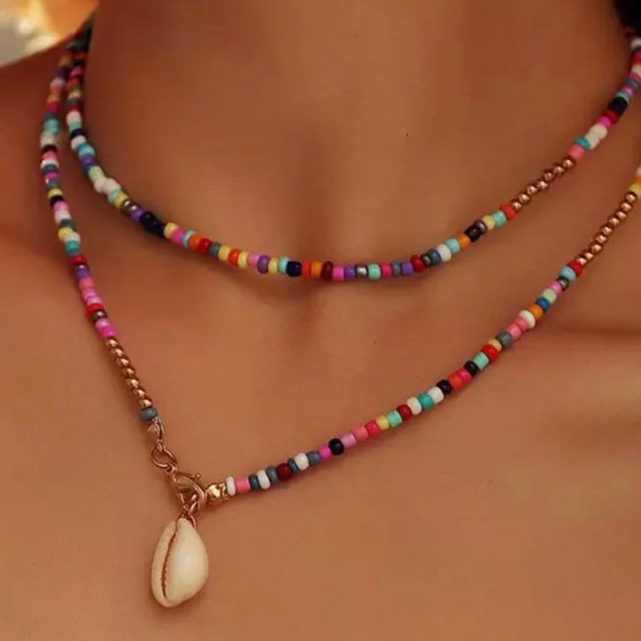 Bohemian Colourful Beaded Shell Pendant Necklace