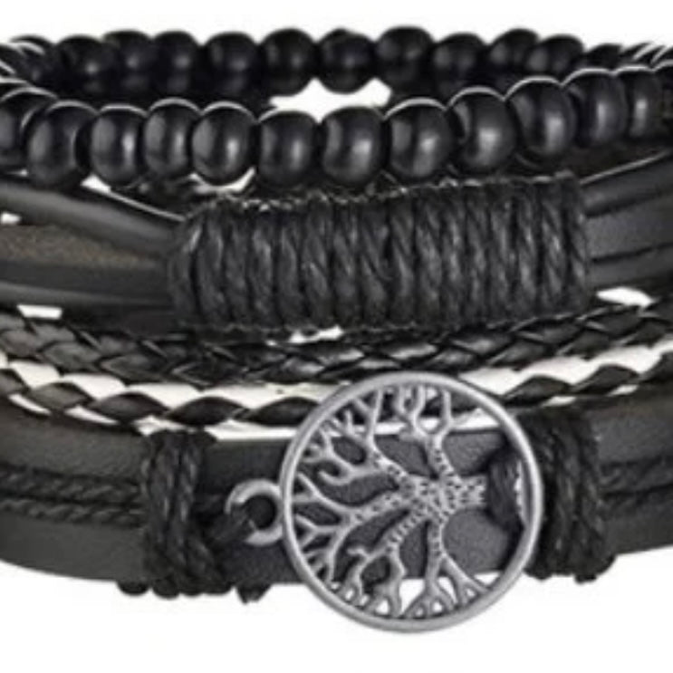 Multi-Layered 4Pcs Braided Beaded Wrap Black Leather Bracelet with Tree of Life Charm