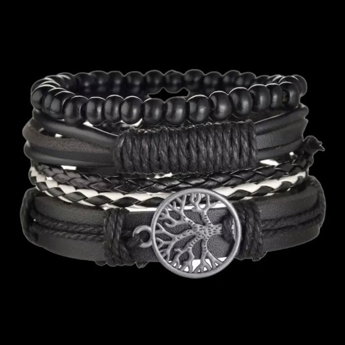 Multi-Layered 4Pcs Braided Beaded Wrap Black Leather Bracelet with Tree of Life Charm