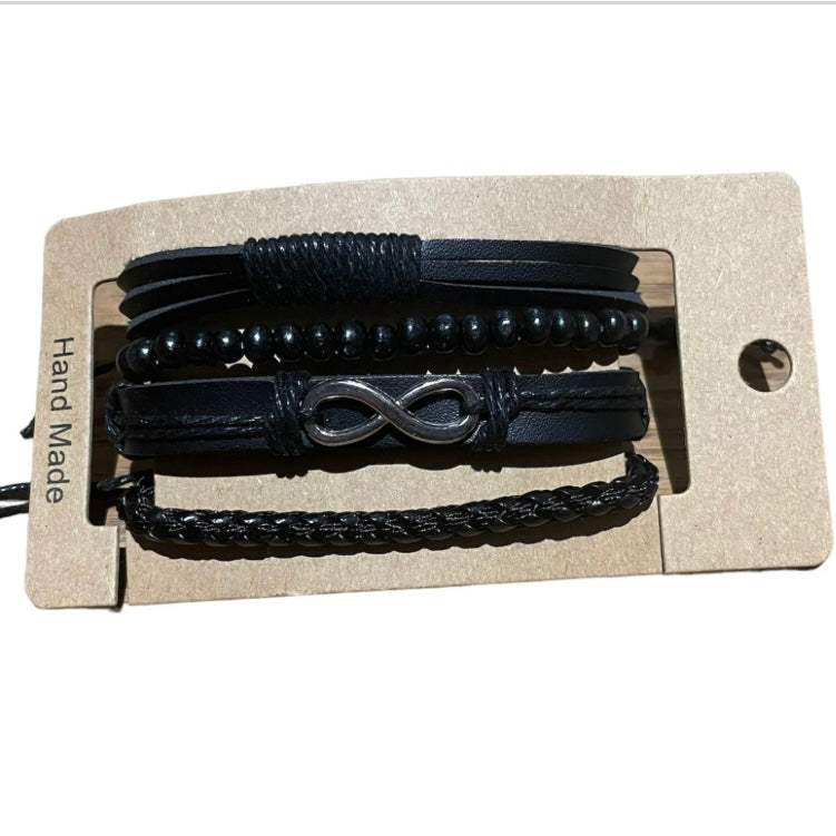 Multi-Layered 4Pcs Braided Wrap Black Leather Bracelet with Silver Infinity Charm