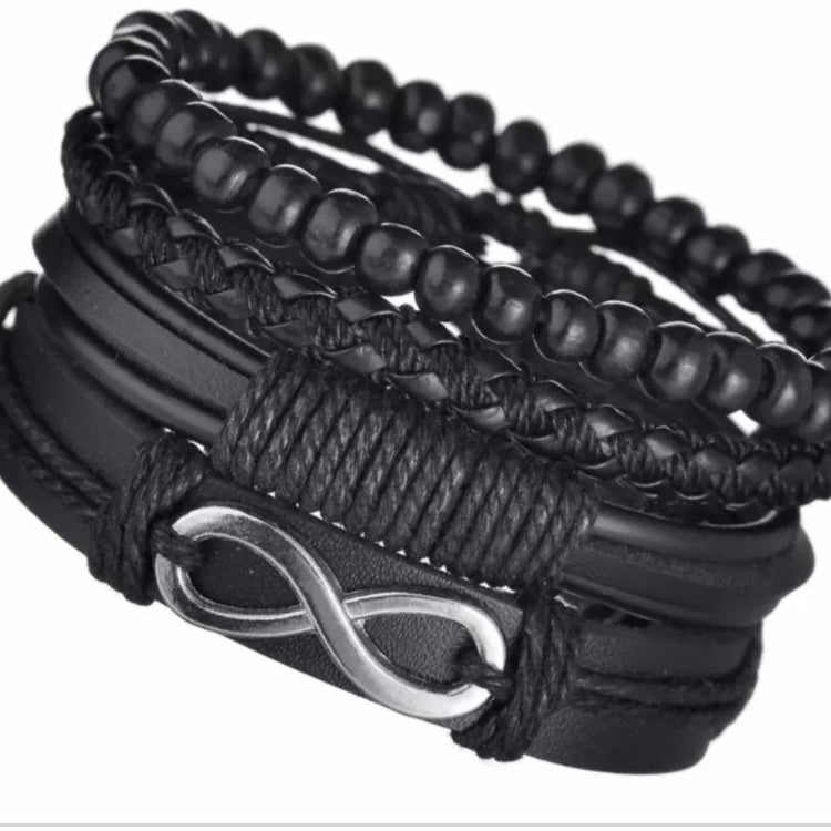 Multi-Layered 4Pcs Braided Wrap Black Leather Bracelet with Silver Infinity Charm