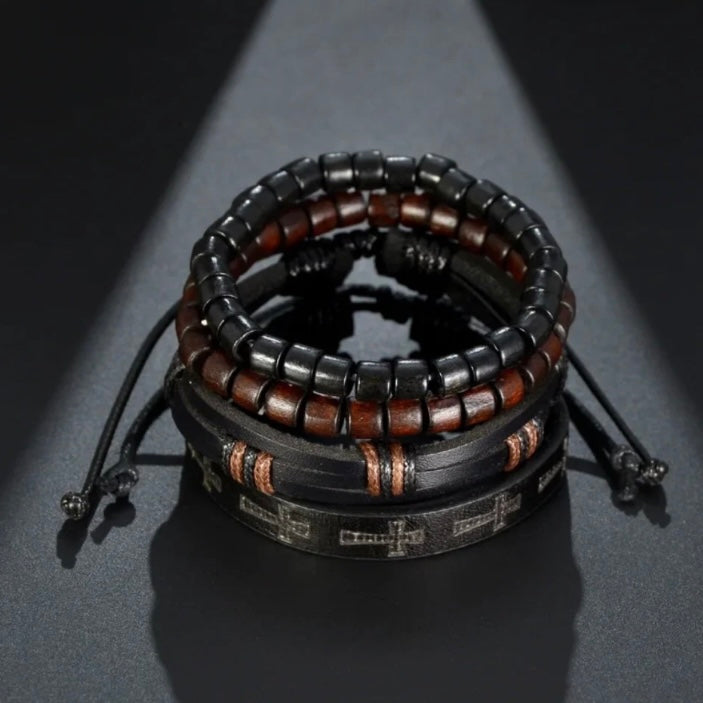 Multi-Layered 4Pcs Braided Wrap Black Leather Cross Bracelet Wrap