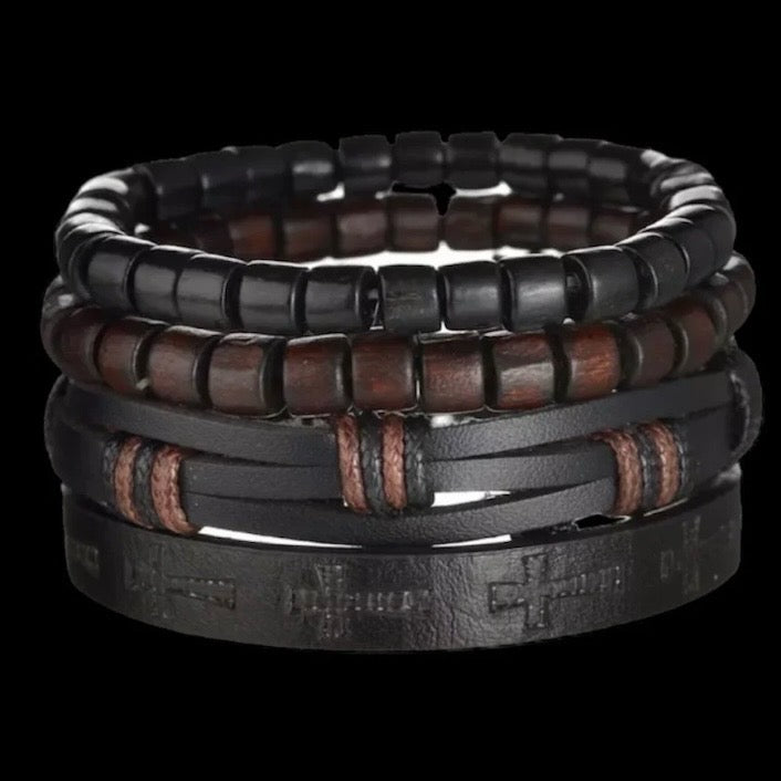 Multi-Layered 4Pcs Braided Wrap Black Leather Cross Bracelet Wrap