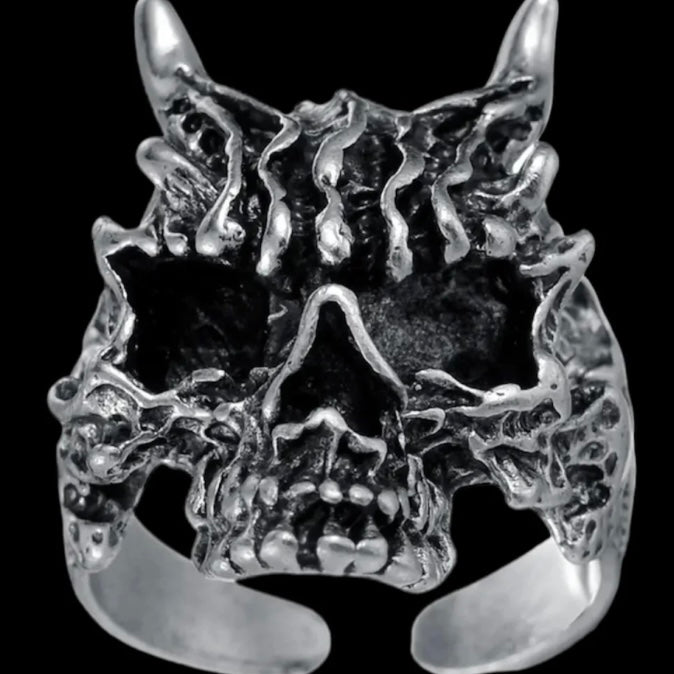 Spooky Silver Wolf Skeleton Skull Open Adjustable Ring