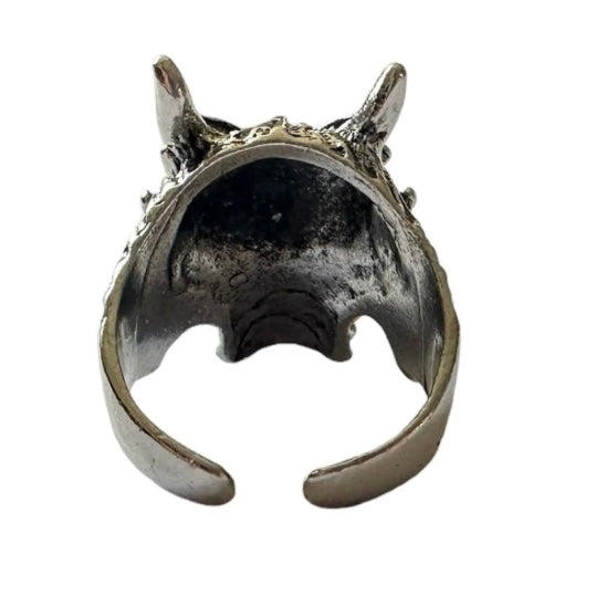 Spooky Silver Wolf Skeleton Skull Open Adjustable Ring