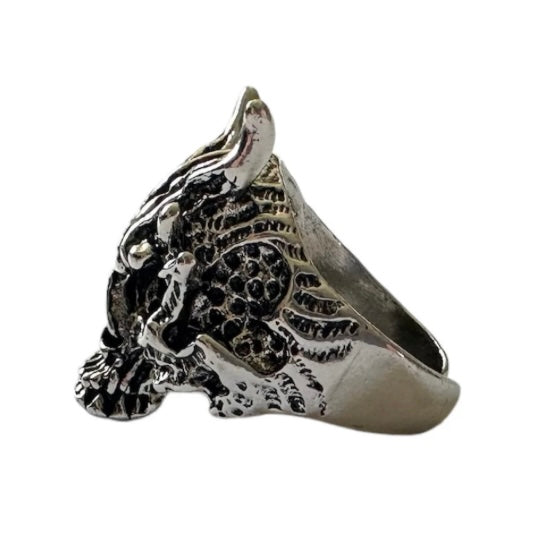 Spooky Silver Wolf Skeleton Skull Open Adjustable Ring