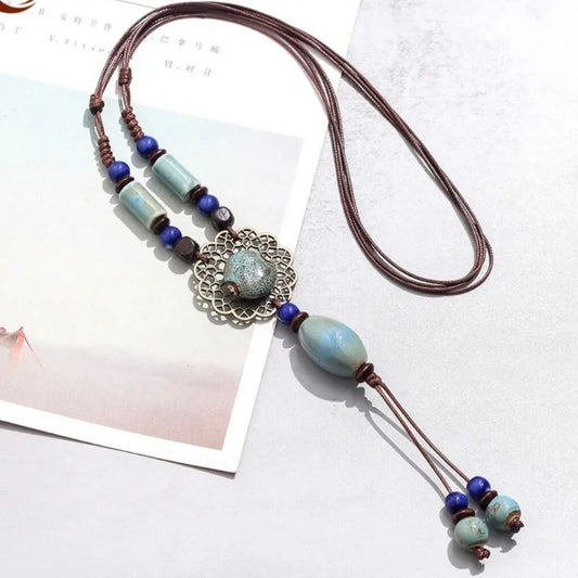 Modern Ceramic Goth Style Green and Blue Long Multi Layered Brown Rope Chain Pendant Necklace