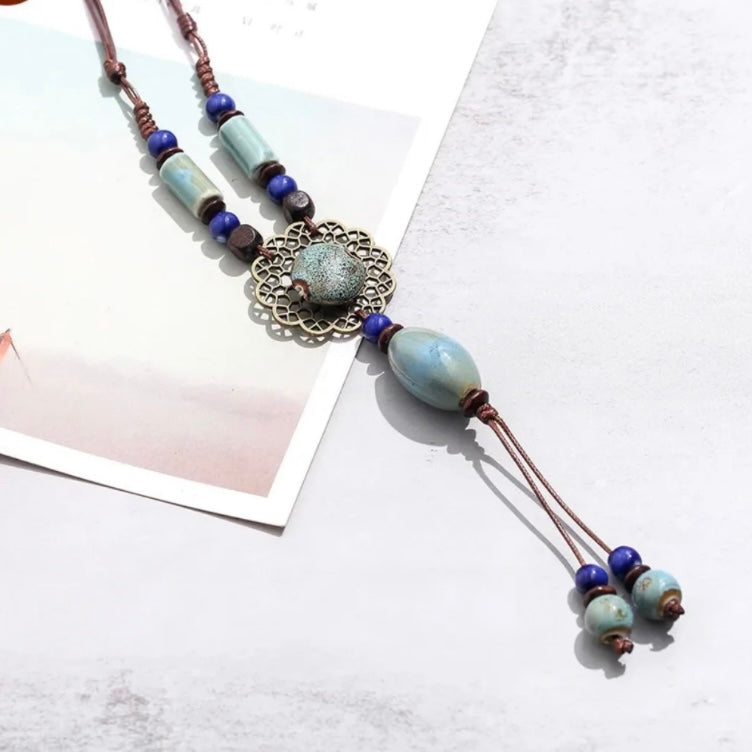 Modern Ceramic Goth Style Green and Blue Long Multi Layered Brown Rope Chain Pendant Necklace