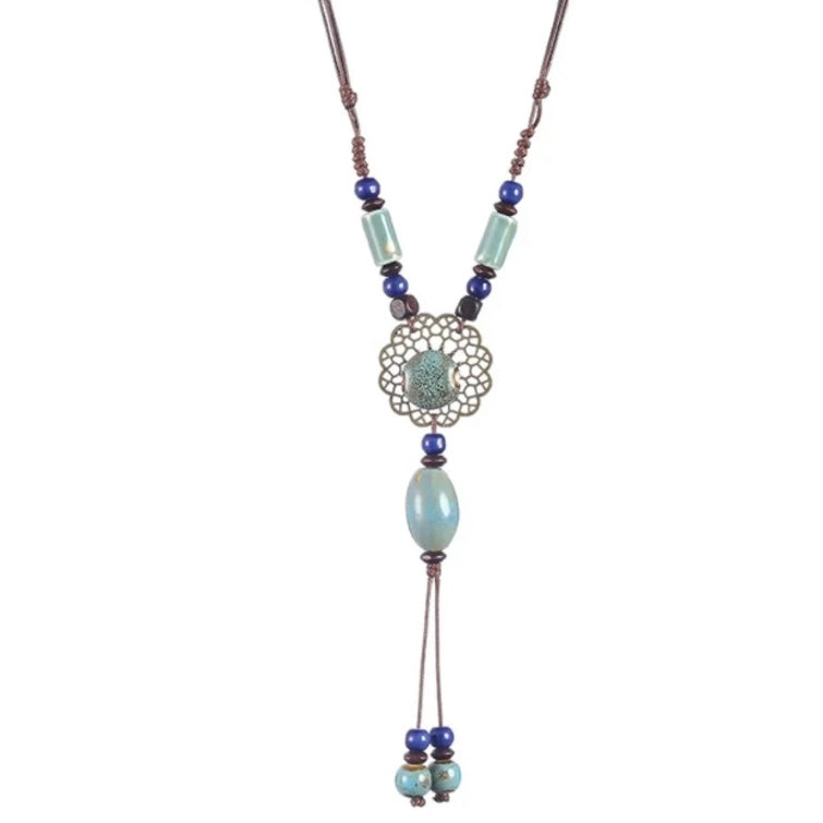 Modern Ceramic Goth Style Green and Blue Long Multi Layered Brown Rope Chain Pendant Necklace