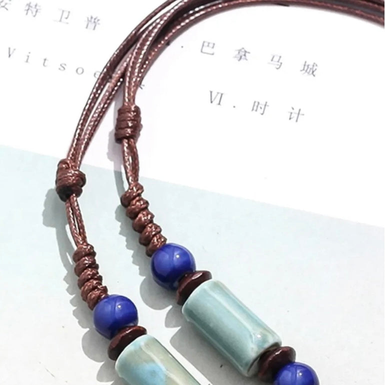 Modern Ceramic Goth Style Green and Blue Long Multi Layered Brown Rope Chain Pendant Necklace