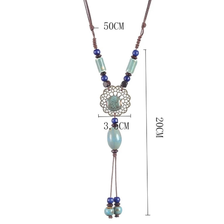 Modern Ceramic Goth Style Green and Blue Long Multi Layered Brown Rope Chain Pendant Necklace