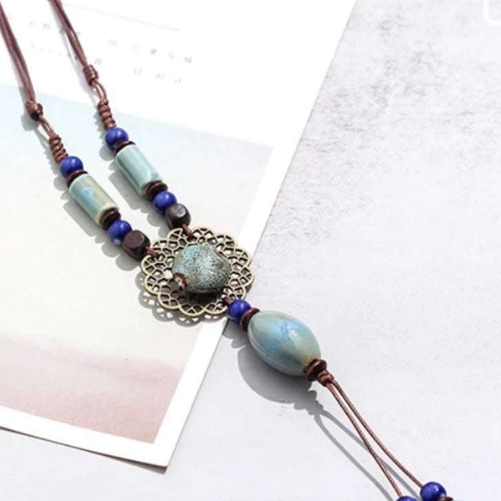 Modern Ceramic Goth Style Green and Blue Long Multi Layered Brown Rope Chain Pendant Necklace