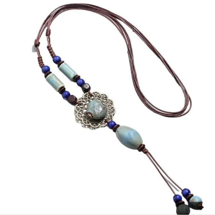 Modern Ceramic Goth Style Green and Blue Long Multi Layered Brown Rope Chain Pendant Necklace