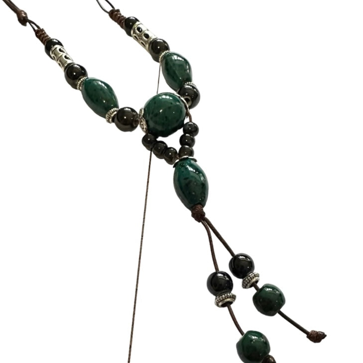 Green and Black Ceramic Vintage Style Brown Multi Layered Adjustable Necklace