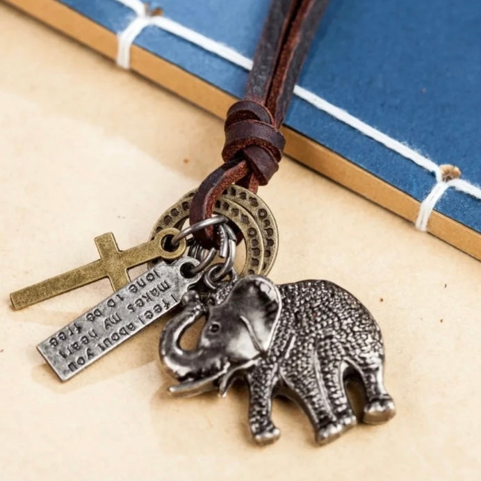 Modern Elephant Pendant with Long Leather Double Brown Necklace