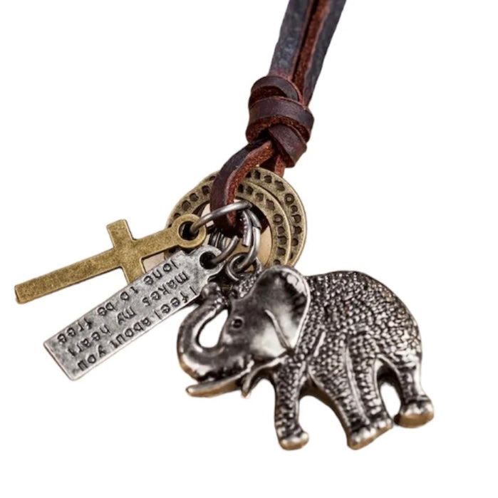 Modern Elephant Pendant with Long Leather Double Brown Necklace