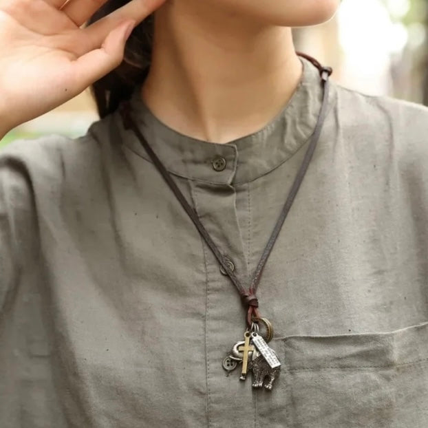 Modern Elephant Pendant with Long Leather Double Brown Necklace