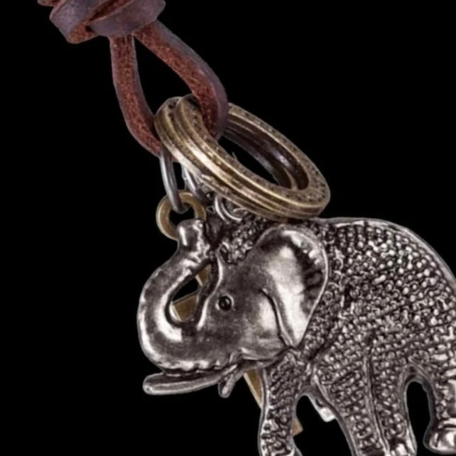 Modern Elephant Pendant with Long Leather Double Brown Necklace