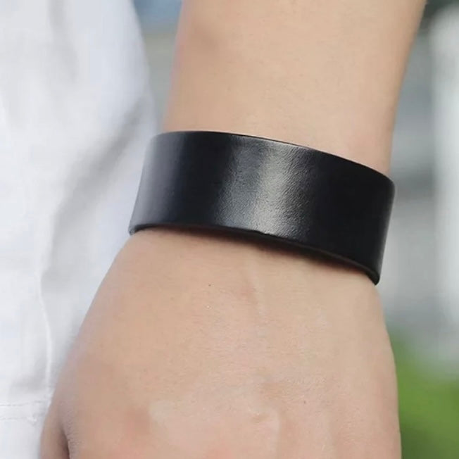 Belt Style Black Leather Bracelet Cuff Wristband