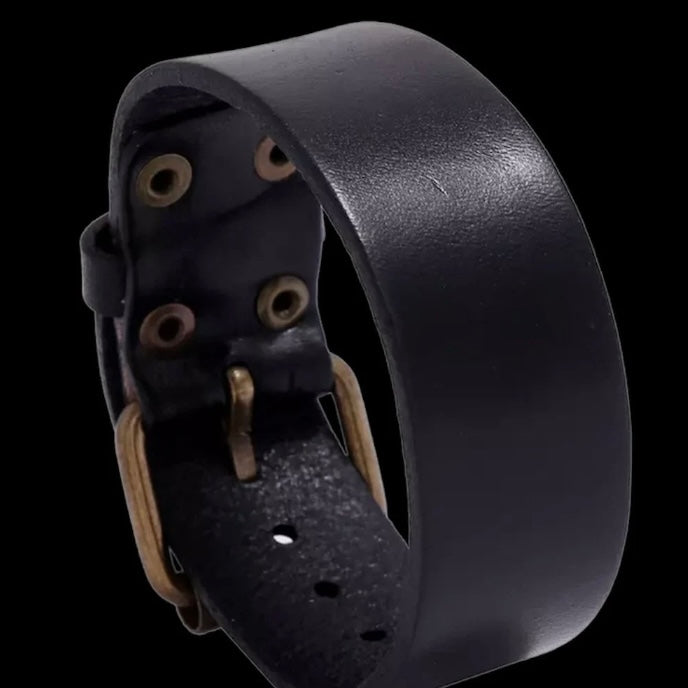 Belt Style Black Leather Bracelet Cuff Wristband