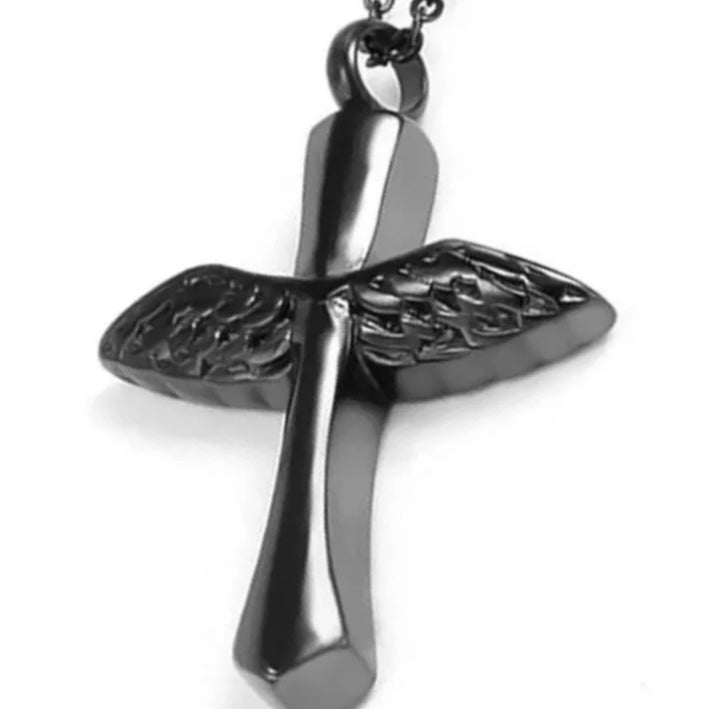 Metal Funeral Ashes Cremation Black Angel Wings Cross Urn Pendant Necklace